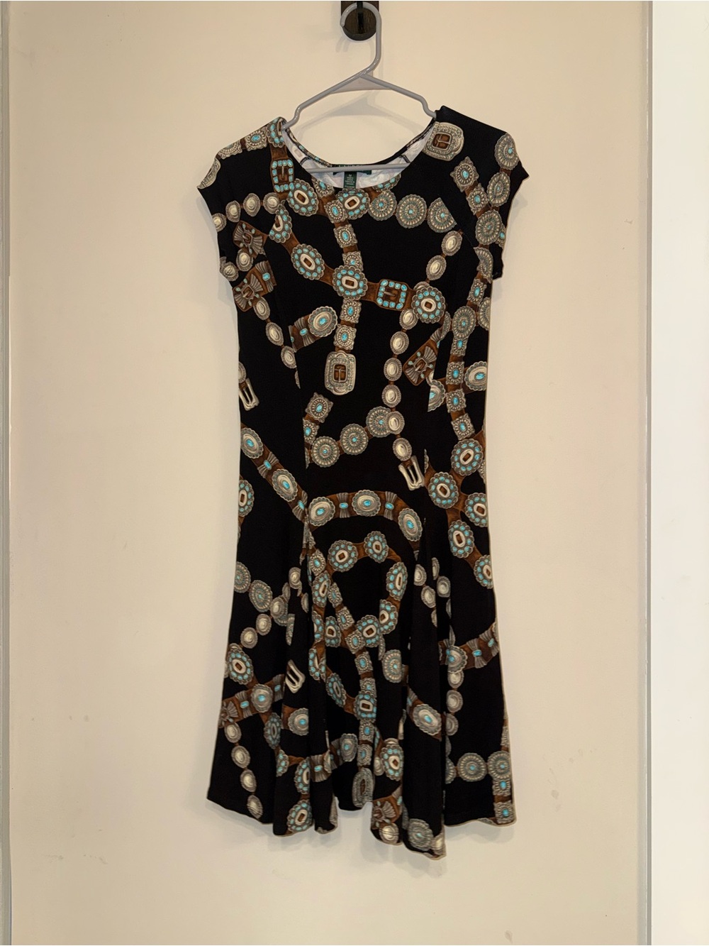 Black Patterned Short-Sleeve Fit & Flare Dress